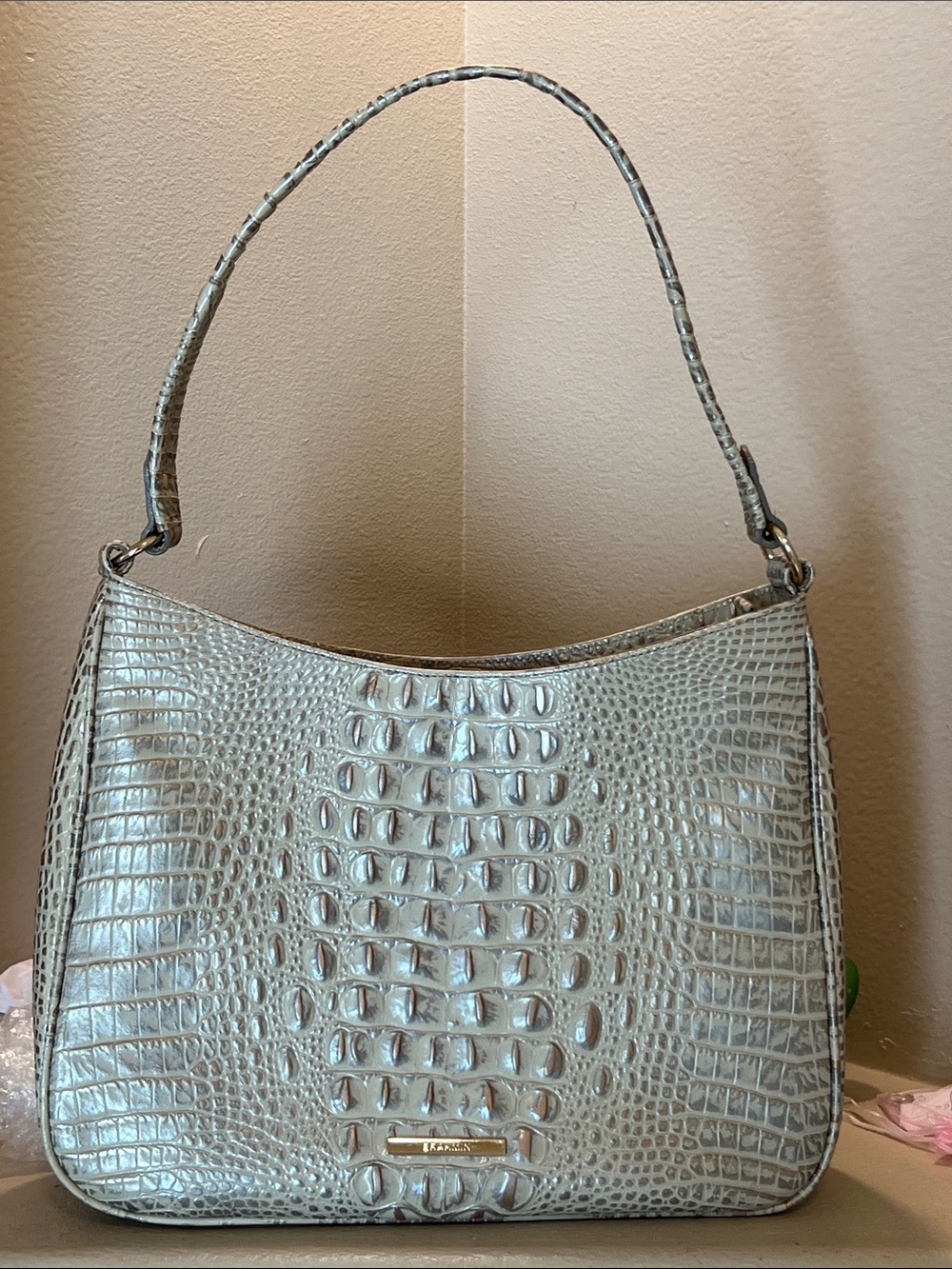Brahmin Metallic Croco-Embossed Shoulder Bag in Silver